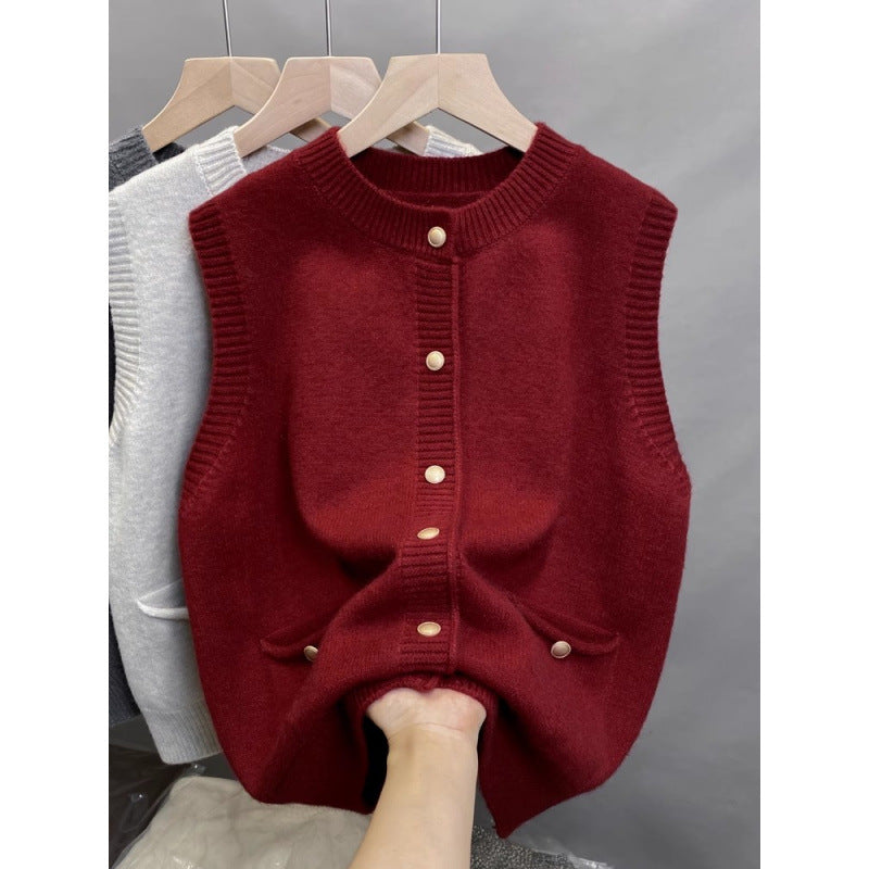 Damen Strickweste mit Knopfdetails und seitlichen Taschen EB