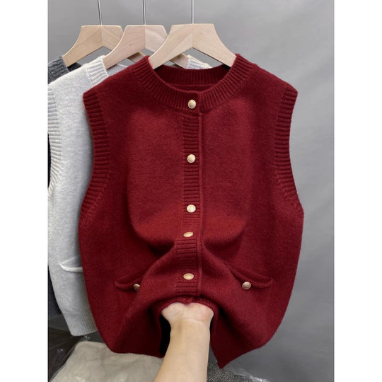 Damen Strickweste mit Knopfdetails und seitlichen Taschen EB