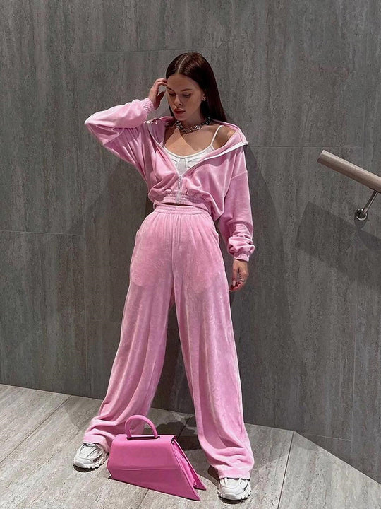 Damen nan Cropped Velours-Joggingset mit halbem Reißverschluss, gerafftem Komfortbund und breiten Bündchen EB