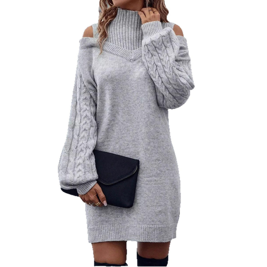 Damen Strickkleid mit geöffneten Schultern und strukturiertem Stehkragen EB