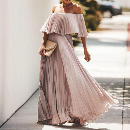 Damen Maxikleid mit asymmetrischem Plisseefall und schulterfreiem Design EB