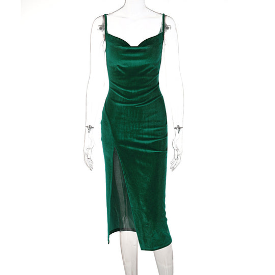 Damen Elegantes Satin-Midikleid mit Drapierung und Seitenschlitz EB