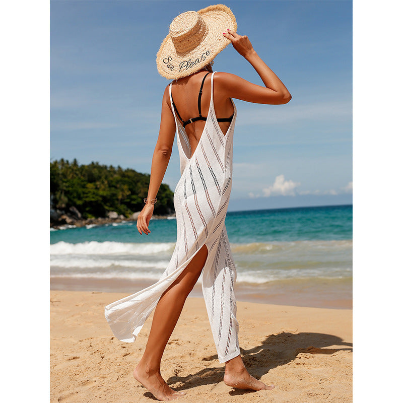 Damen transparentes Häkel-Strandkleid mit hohem Schlitz und stylischem Schnitt EB