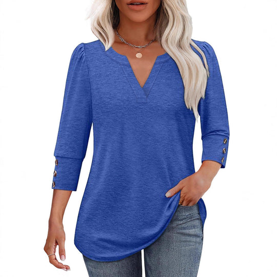 Damen V-Ausschnitt Bluse mit dekorativen Knopfdetails EB