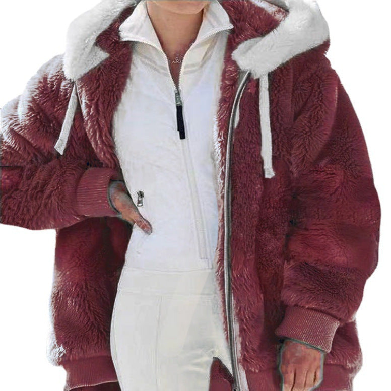 Damen nan kuschelige Kapuzen-Teddyjacke mit wattiertem Innenfutter und Rippbündchen EB