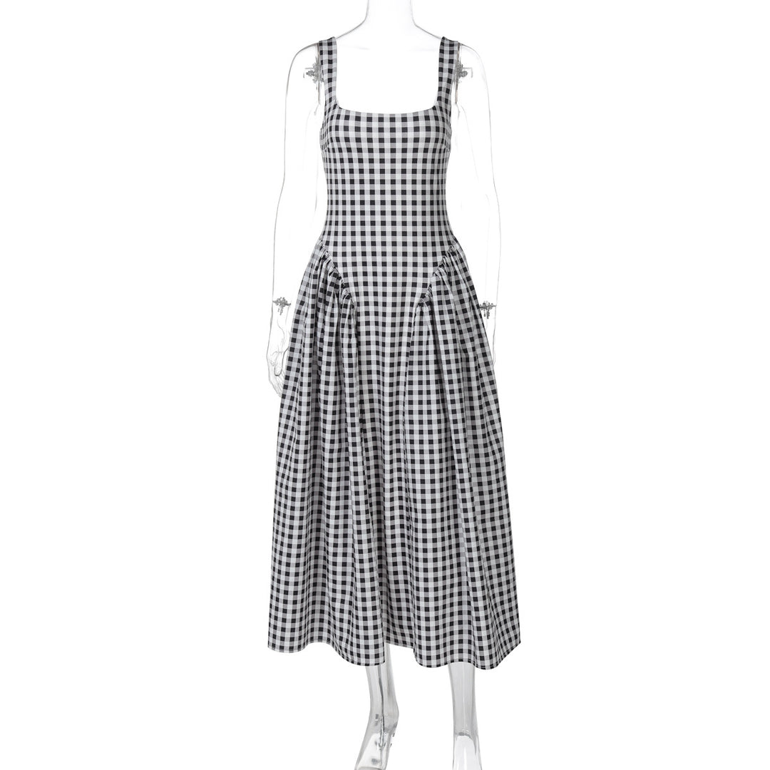 Damen Sommerliches Maxikleid mit Karo-Design und seitlichen Raffungselementen EB