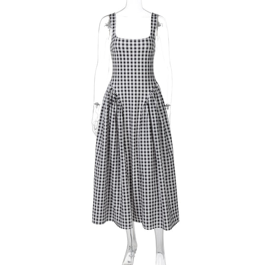 Damen Sommerliches Maxikleid mit Karo-Design und seitlichen Raffungselementen EB