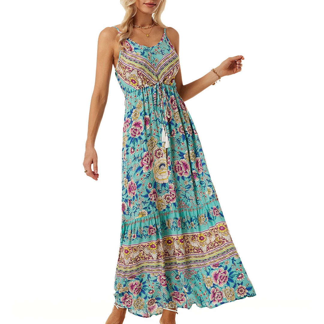 Damen Langes Sommerkleid mit buntem Blumenmuster und taillierbarem Bandeau EB