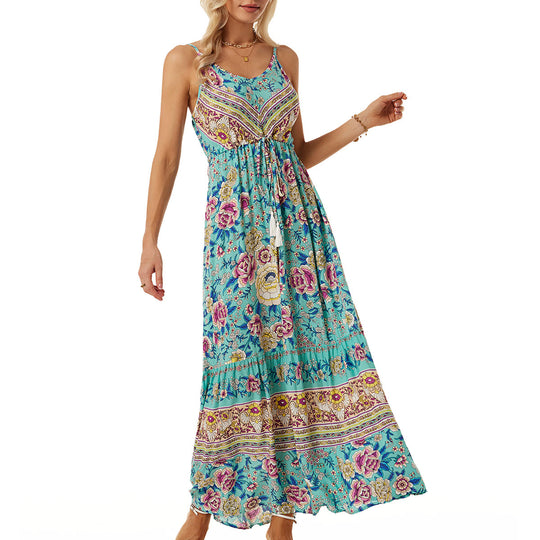 Damen Langes Sommerkleid mit buntem Blumenmuster und taillierbarem Bandeau EB