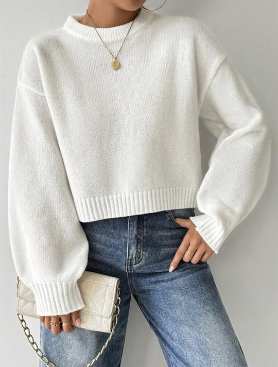 Damen Kurz-Cropped Pullover aus feinem Strick mit Ballonärmeln und geripptem Bund EB