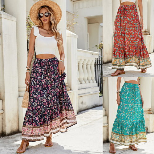 Damen Long Skirt mit Volants und buntem Muster EB