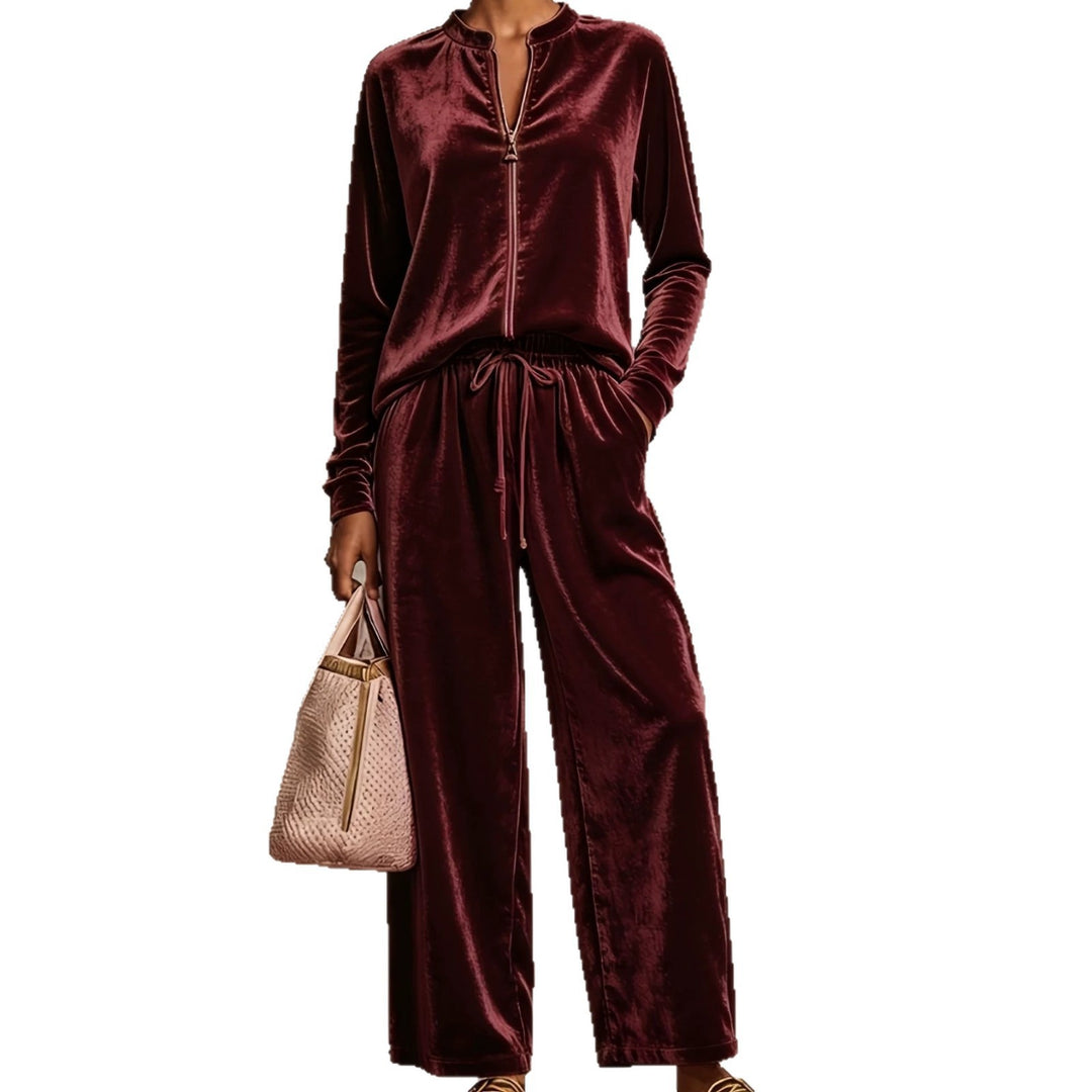 Damen nan samtiges Lounge-Set mit Stehkragen Reißverschlussoberteil und Kordelbundhose EB