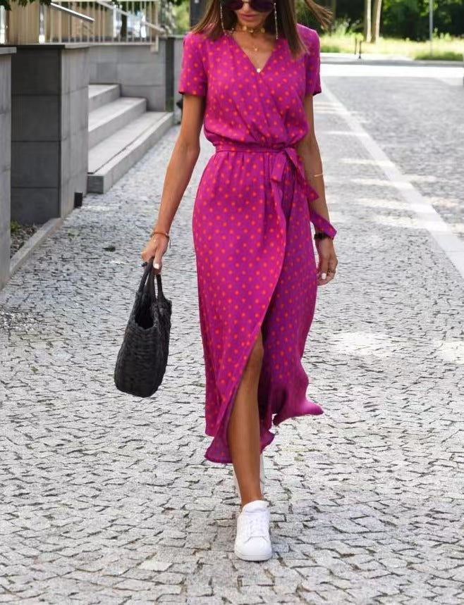 Damen Maxikleid mit Polka-Dots und seitlichem Schlitz EB