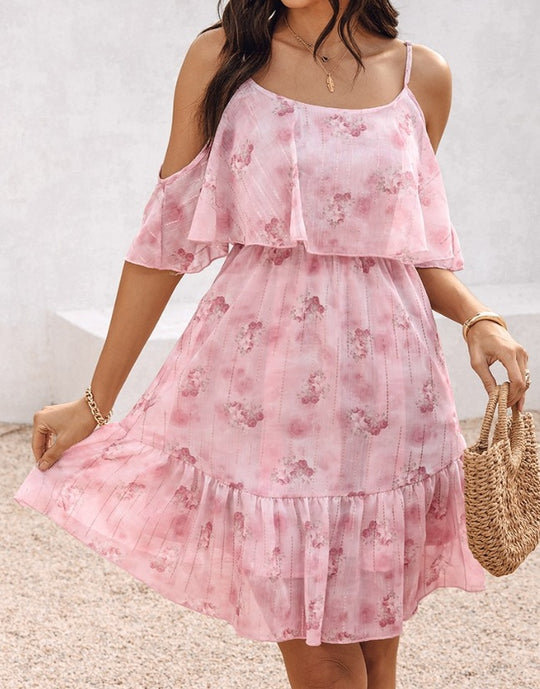 Damen fließendes Sommerkleid mit kaltem Schulterdesign und Rüschendetails EB