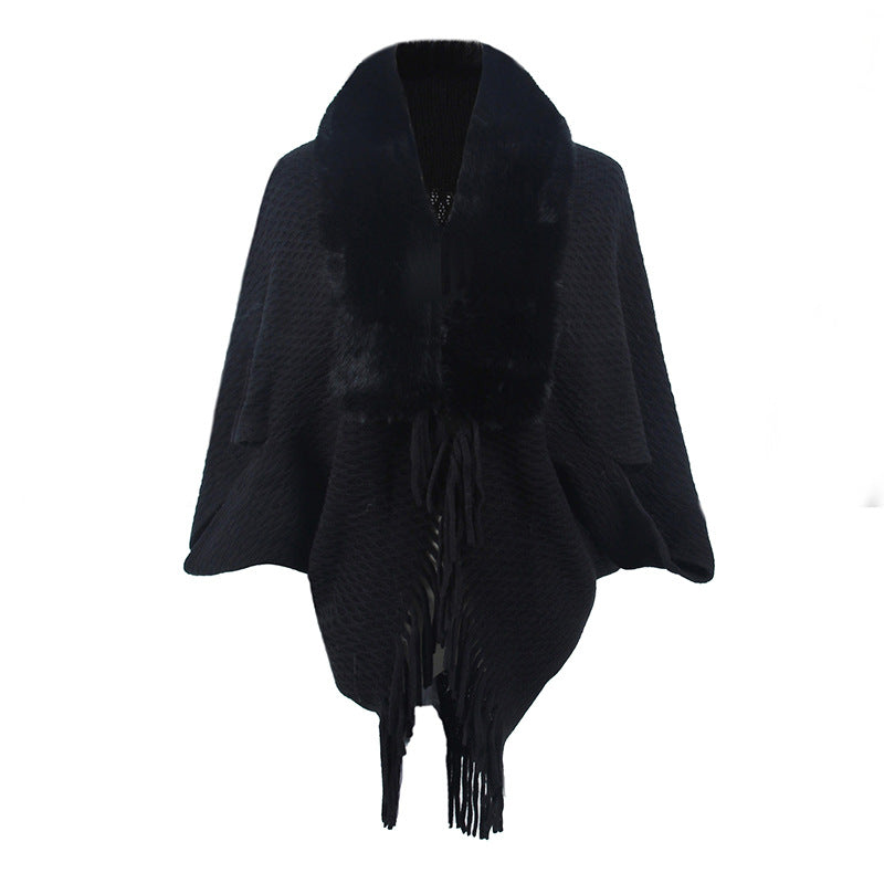 Damen modischer Poncho mit luxuriösem Kunstfellkragen EB