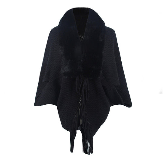 Damen modischer Poncho mit luxuriösem Kunstfellkragen EB