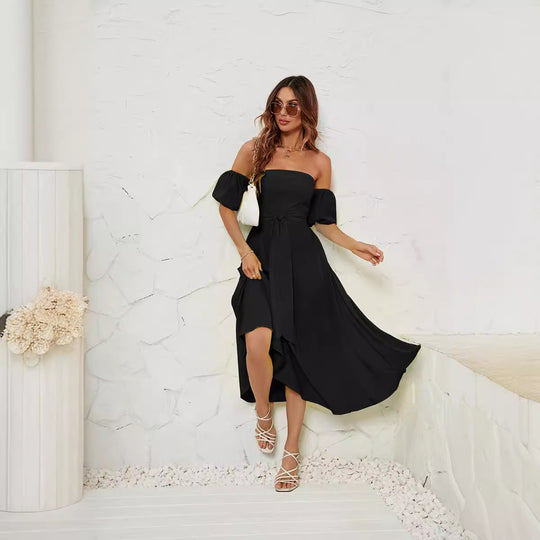 Damen Off-Shoulder Maxikleid mit geknotetem Taillengürtel EB