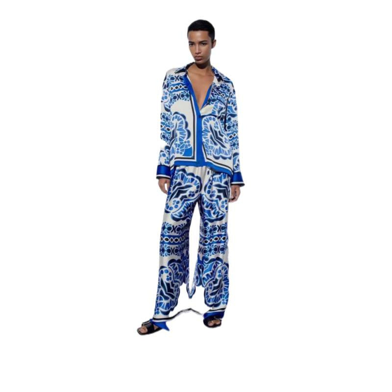 Damen Weitgeschnittenes, florales Langarmhemd und Hose Set EB