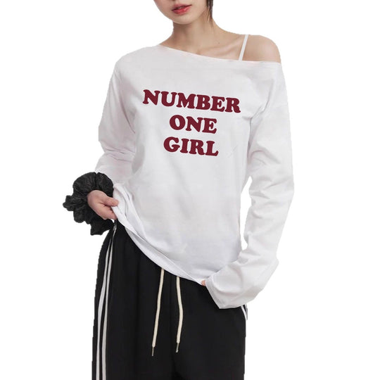 Damen nan asymmetrisches Off-Shoulder Longsleeve mit Statement-Print und lockerem Oversize-Schnitt EB