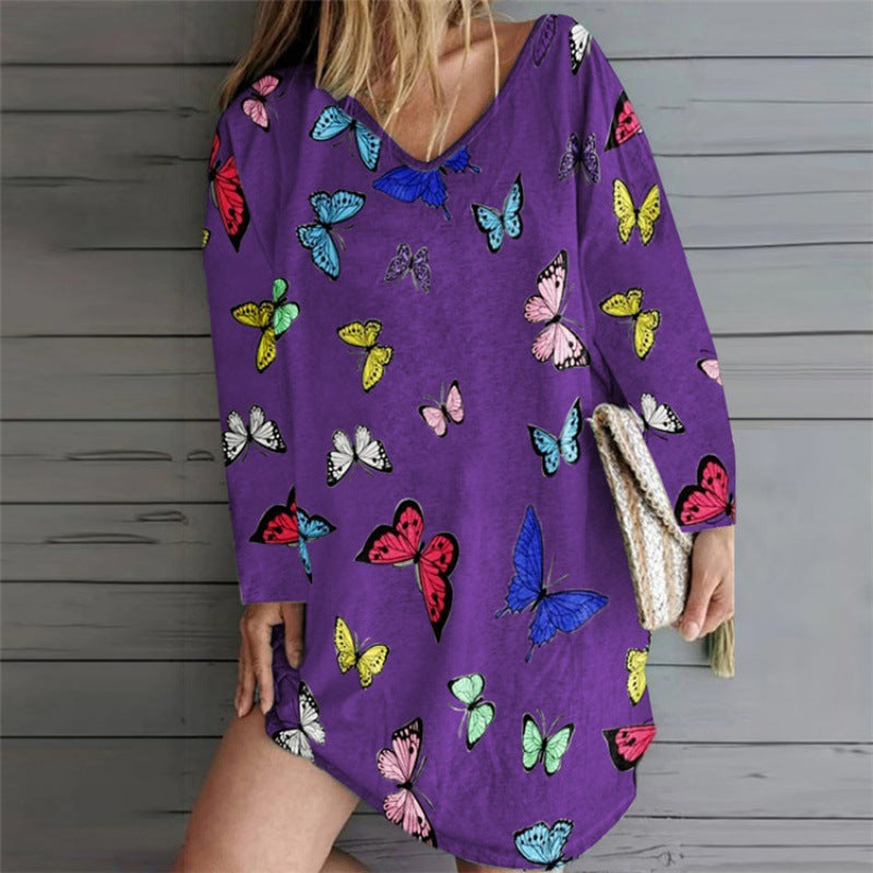 Damen Oversize Tunika-Kleid mit V-Ausschnitt und Schmetterlingsprint EB