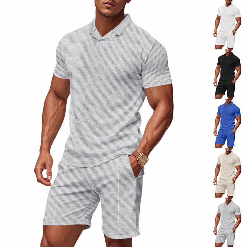 Herren nan lässiges Waffelstruktur-Freizeitset mit Reverskragen-Kurzarmshirt und elastischen Freizeitshorts EB