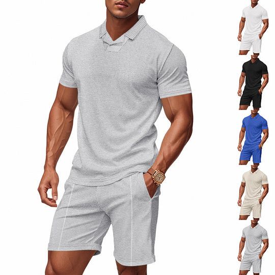 Herren nan lässiges Waffelstruktur-Freizeitset mit Reverskragen-Kurzarmshirt und elastischen Freizeitshorts EB