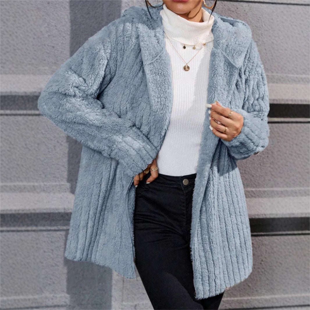 Damen lässige Fleecejacke mit strukturiertem Design und Kapuze EB
