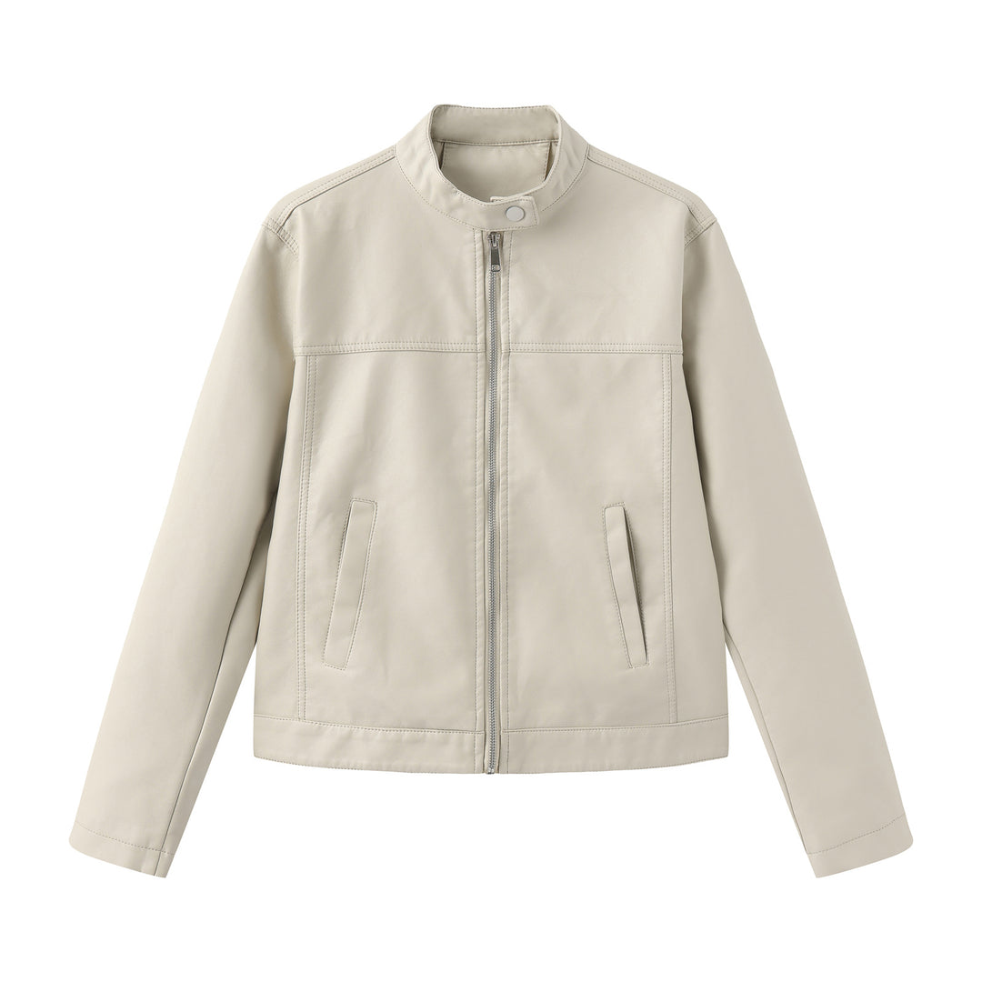 Herren nan minimalistische Kunstlederjacke mit Stehkragen, Metallreißverschluss und eingearbeiteten Seitentaschen EB