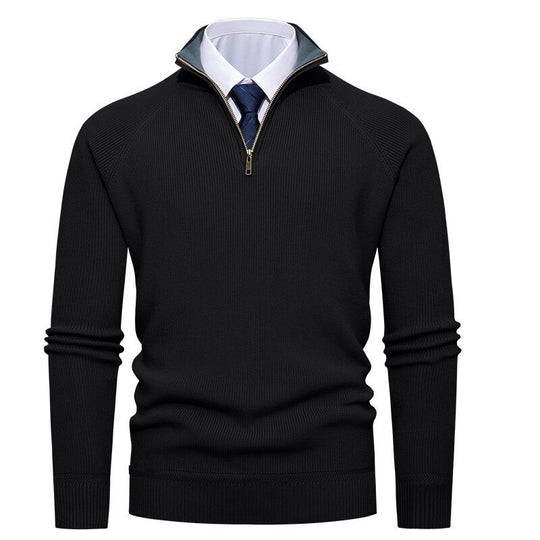 Herren nan feiner Strickpullover mit Halbzip, strukturierter Rippoptik und innen kontrastiertem Stehkragen EB