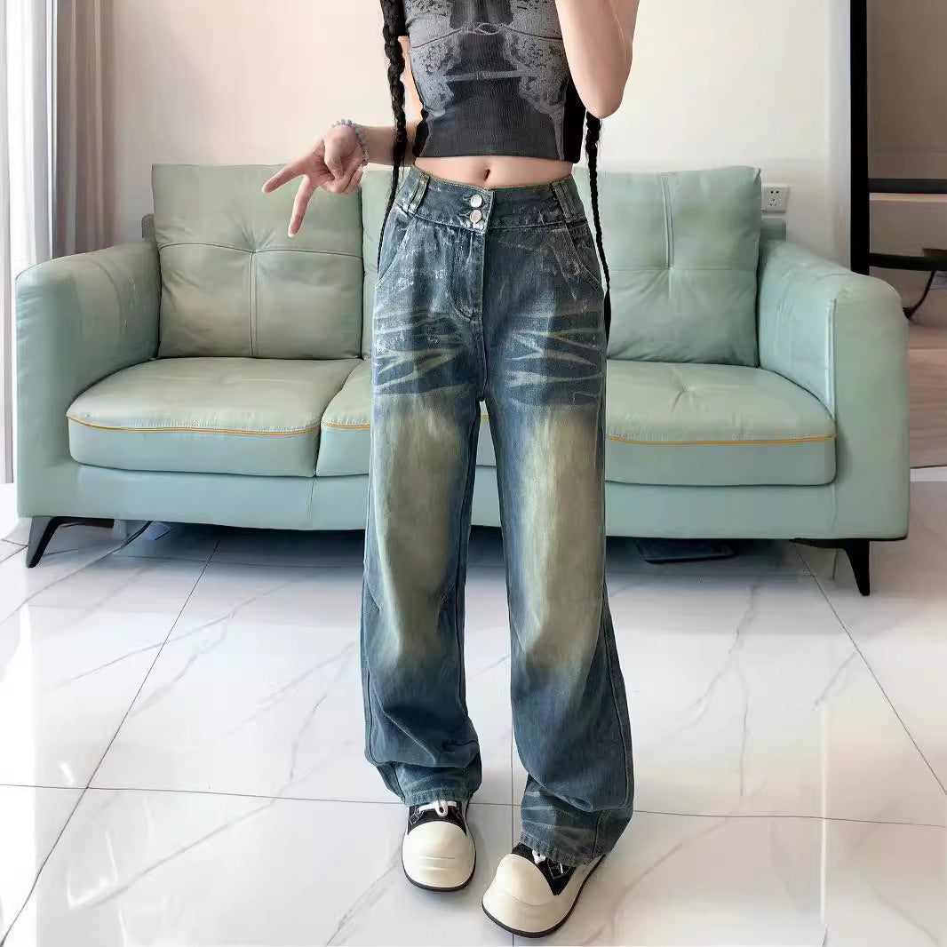 Damen Weite Jeans mit modischem Vintage-Waschlook und lässigem Design EB
