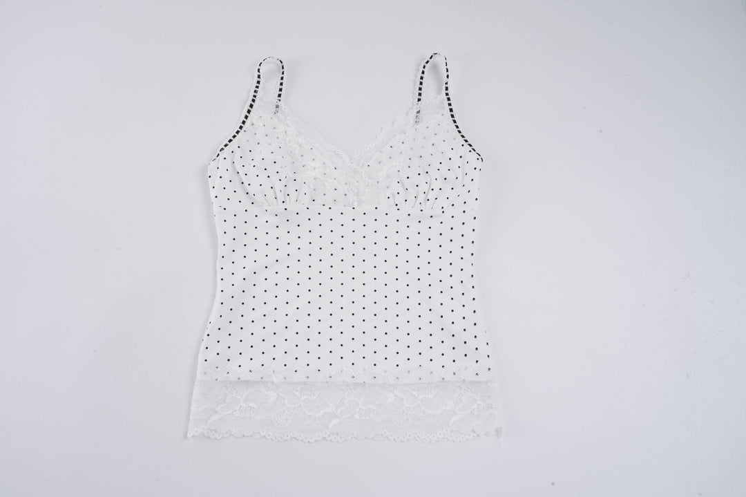 Damen Spaghetti-Trägertop mit floralen Spitzenakzenten und Polka-Punkten EB