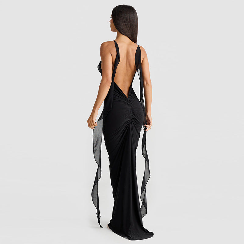 Damen Elegantes Kleid mit fließendem Rüschen-Detail und langen Bändern EB