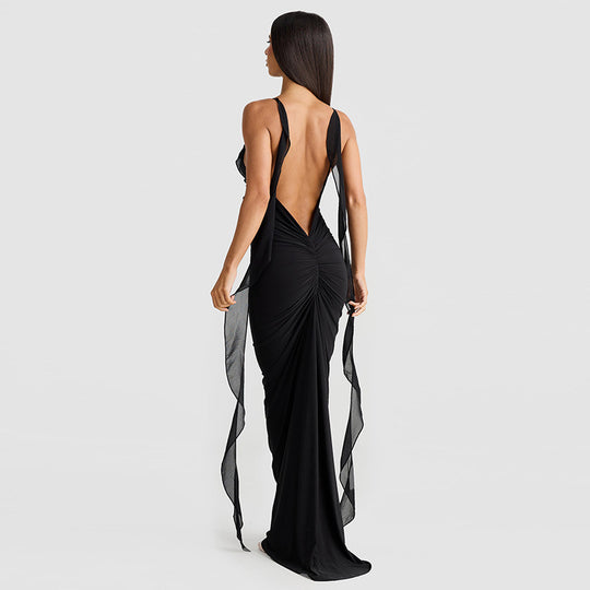 Damen Elegantes Kleid mit fließendem Rüschen-Detail und langen Bändern EB