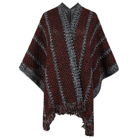 Damen Strickponcho mit V-Ausschnitt und Fransen EB