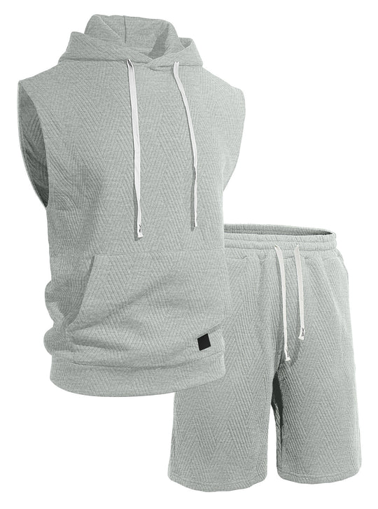 Herren nan ärmelloses Kapuzen-Lounge-Set aus strukturierter Baumwollmischung mit Kängurutasche und elastischer Freizeithose EB