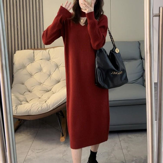 Damen Strickkleid mit V-Ausschnitt und Rippstruktur EB
