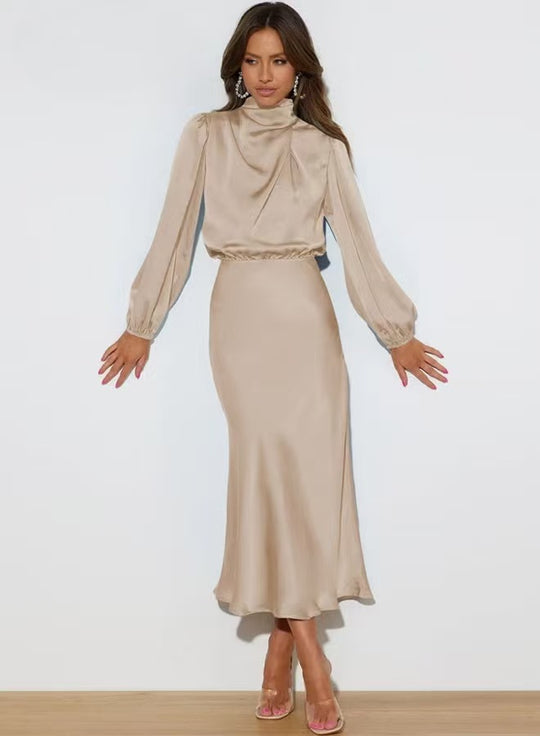 Damen Elegantes Satin-Midikleid mit Stehkragen, Blouson-Oberteil und fließendem Rock EB