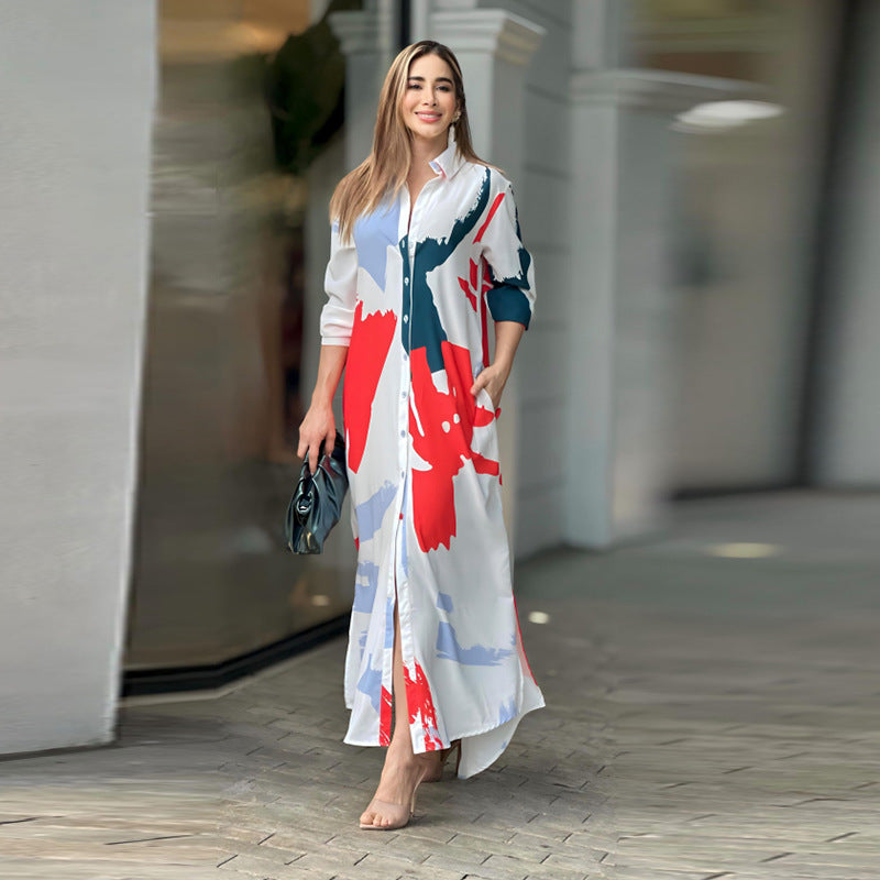 Damen Langarm Hemdkleid im modernen Grafikdesign mit Taschen EB