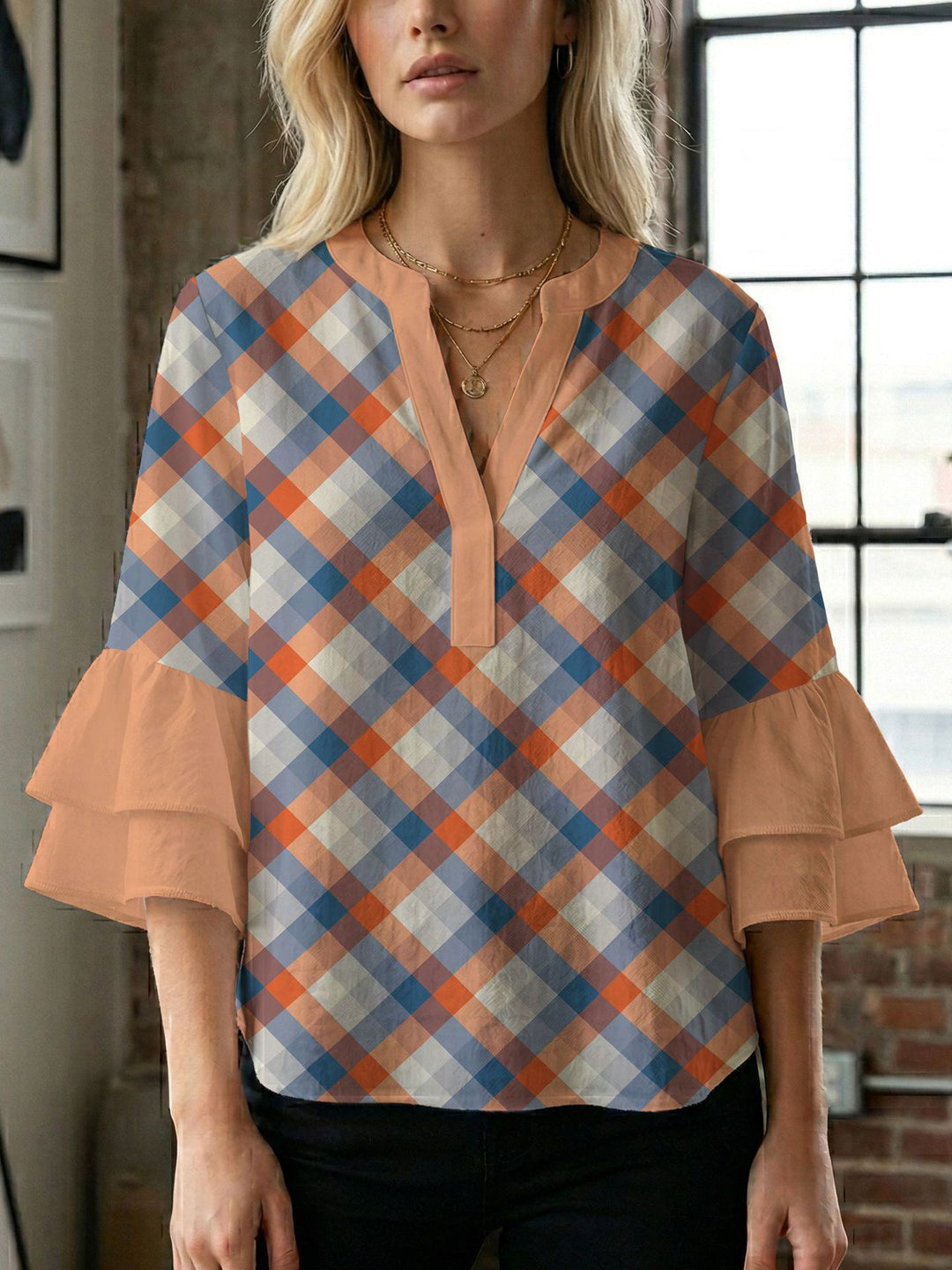 Damen Blusenshirt mit voluminösen Ärmeln und kreativem Druckdesign EB