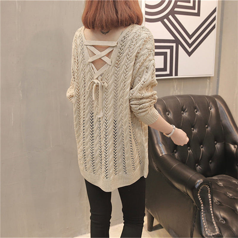 Damen Strickpullover mit Off-Shoulder-Design und Rückenschnürung EB