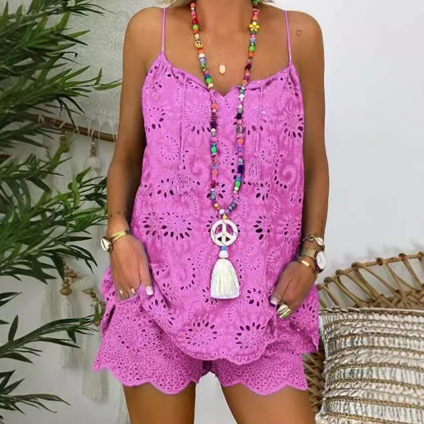 Damen luftiges Sommeroberteil mit Spitze und passenden Shorts EB