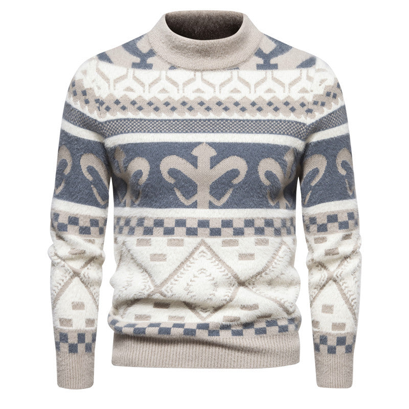 Herren Strickpullover mit modernem Zopfmuster und hohem Kragen EB