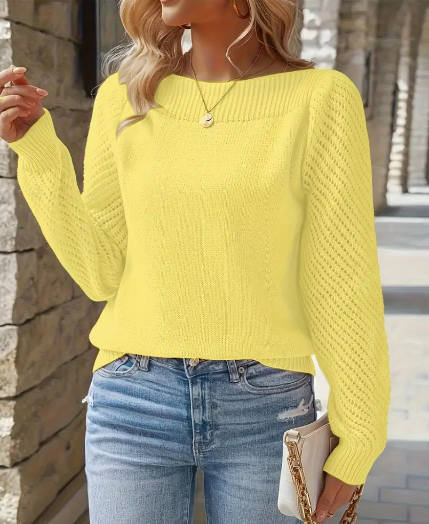 Damen nan feiner Strickpullover mit Ajour- Puffärmeln und U-Boot-Ausschnitt EB