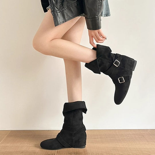 Damen Modische Ankle Boots mit ausgefallenem Klappdesign und dekorativen Schnallen EB