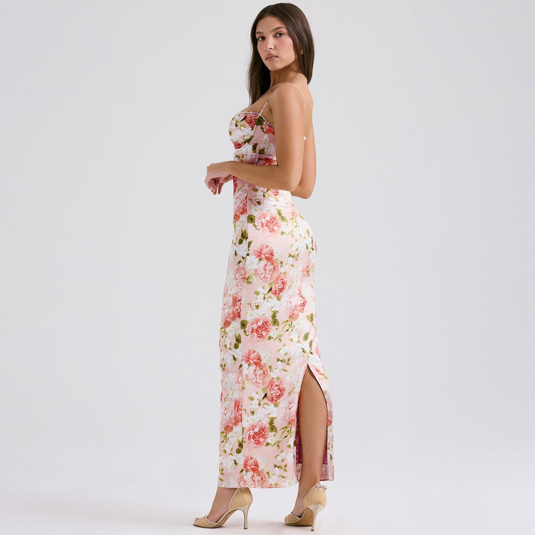 Damen Elegantes figurbetontes Maxikleid mit floralem Design EB