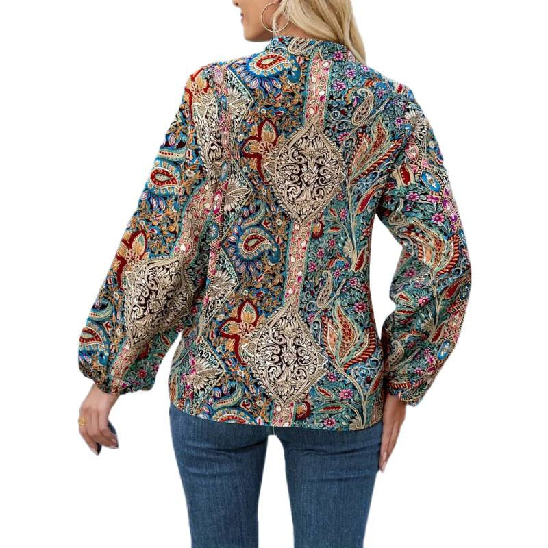 Damen elegante Bluse mit buntem Print und extravaganten Puffärmeln EB