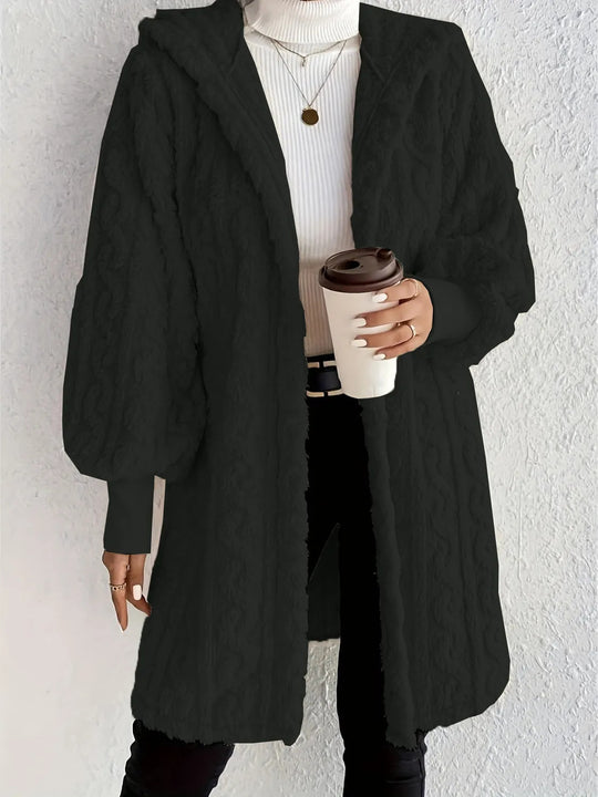 Damen Flauschige Oversized-Strickjacke mit Kapuze und Eingrifftaschen EB