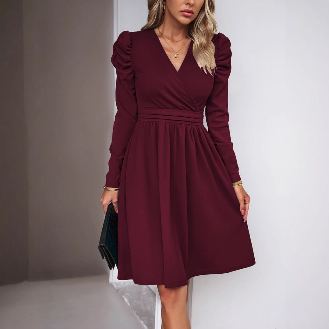 Damen Wickelkleid mit V-Ausschnitt, gerafften Puffärmeln und tailliertem Faltenrock EB