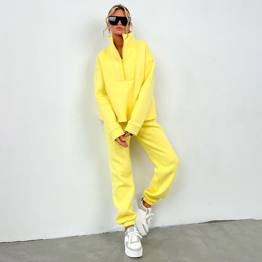 Damen Oversize-Halbzip-Lounge-Set aus schwerem French-Terry mit hohem Stehkragen EB