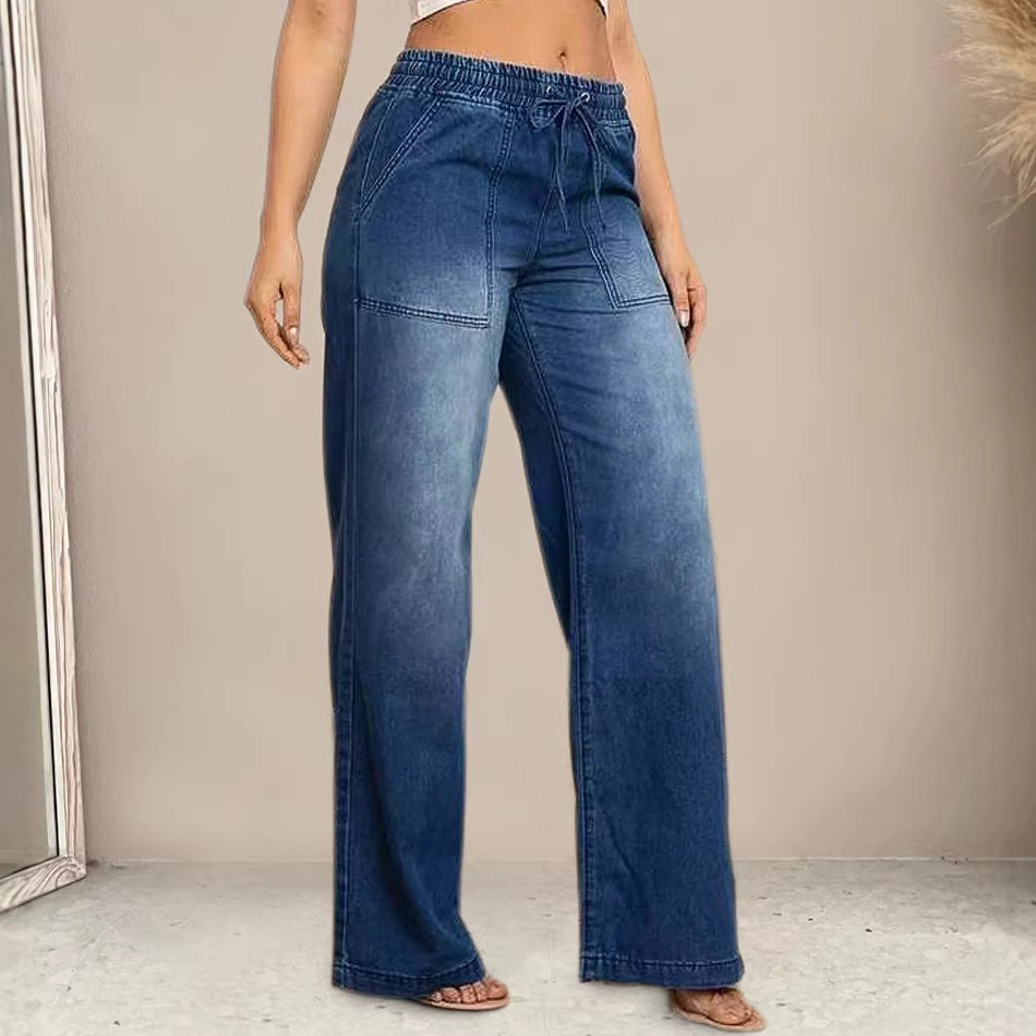 Damen Weit geschnittene Jeanshose mit elastischem Bund und modischem Used-Look EB